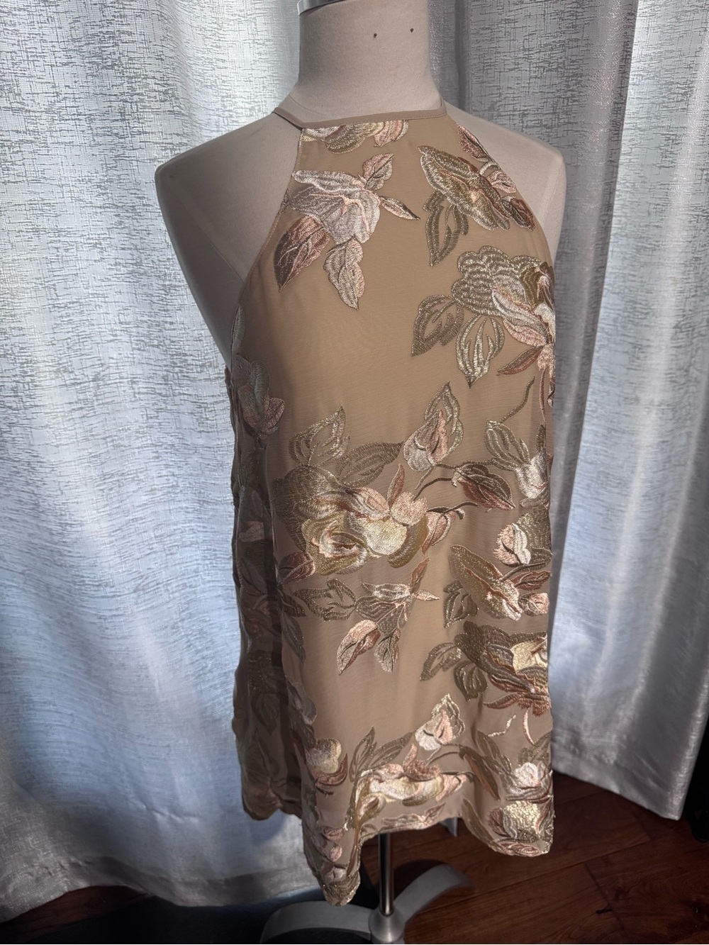 Show Me Your MuMu Beige Floral Embroidered Halter Mini Dress